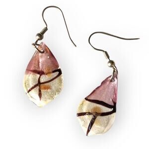 Purple and white glass drop fish hook earrings